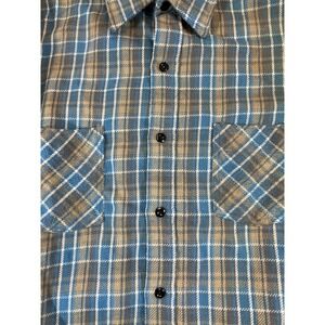 VTG 70s Sears Blue Tan Plaid Cotton Flannel Shirt Men Large Tall Grunge 60s